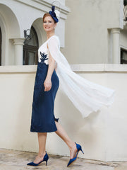 Robe Appliquée Longueur de Mollet à Col en V Bleu Marine Grande Taille