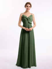 Spaghetti Bretelle Mousseline Tenues De Demoiselle d'honneur Avec Col En V Olive Verte