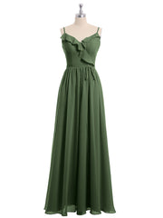 Spaghetti Bretelle Mousseline Tenues De Demoiselle d'honneur Avec Col En V Olive Verte
