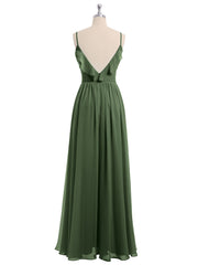 Spaghetti Bretelle Mousseline Tenues De Demoiselle d'honneur Avec Col En V Olive Verte