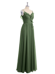 Spaghetti Bretelle Mousseline Tenues De Demoiselle d'honneur Avec Col En V Olive Verte