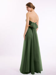 Cœur Sans Bretelles Col Tulle Robes Avec Nœud Olive Verte