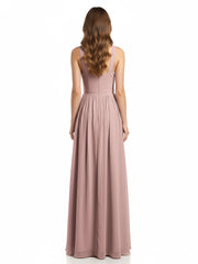 Y-Col Longue Mousseline Robes De Demoiselle d'Honneur Rose Poudré Grande Taille