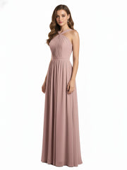Y-Col Longue Mousseline Robes De Demoiselle d'Honneur Rose Poudré Grande Taille
