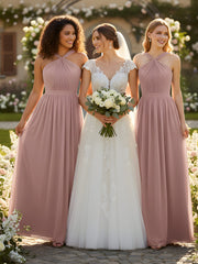 Y-Col Longue Mousseline Robes De Demoiselle d'Honneur Rose Poudré Grande Taille