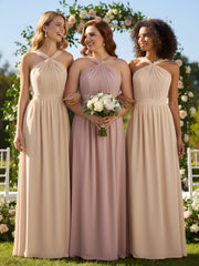 Y-Col Longue Mousseline Robes De Demoiselle d'Honneur Rose Poudré Grande Taille