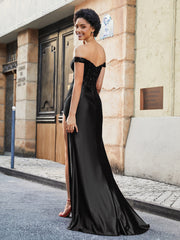 Robe de Soirée en Satin Extensible à Hors de l'Épaule avec Traîne Balayage Noir Grande Taille
