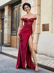 Robe de Soirée en Satin Extensible à Hors de l'Épaule avec Traîne Balayage Bordeaux Grande Taille
