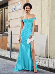 Robe de Soirée en Satin Extensible à Hors de l'Épaule avec Traîne Balayage Jade Grande Taille