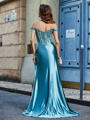 Robe de Soirée en Satin Extensible à Hors de l'Épaule avec Traîne Balayage Teal Grande Taille