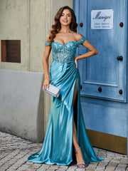 Robe de Soirée en Satin Extensible à Hors de l'Épaule avec Traîne Balayage Teal