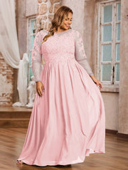 Tulle avec Applique Manches Longues Robe Rose Pâle Grande Taille
