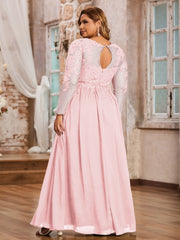 Tulle avec Applique Manches Longues Robe Rose Pâle Grande Taille