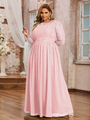 Tulle avec Applique Manches Longues Robe Rose Pâle Grande Taille