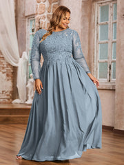 Tulle avec Applique Manches Longues Robe Bleu Poudré Grande Taille