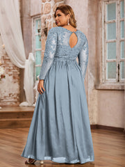 Tulle avec Applique Manches Longues Robe Bleu Poudré Grande Taille