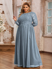 Tulle avec Applique Manches Longues Robe Bleu Poudré Grande Taille