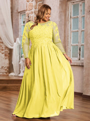 Tulle avec Applique Manches Longues Robe Citron Grande Taille