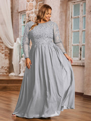 Tulle avec Applique Manches Longues Robe Argent Grande Taille