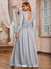 Tulle avec Applique Manches Longues Robe Argent Grande Taille
