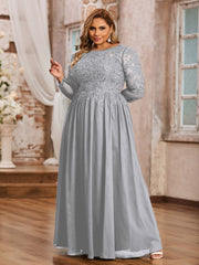 Tulle avec Applique Manches Longues Robe Argent Grande Taille