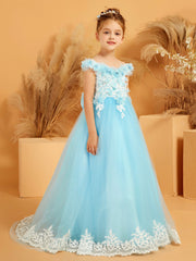 Robe avec Haut en Dentelle à Hors de l'Épaule et Traîne Balayage avec Fleur 3D Bleu Ciel