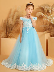 Robe avec Haut en Dentelle à Hors de l'Épaule et Traîne Balayage avec Fleur 3D Bleu Ciel
