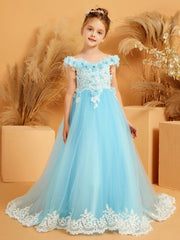 Robe avec Haut en Dentelle à Hors de l'Épaule et Traîne Balayage avec Fleur 3D Bleu Ciel
