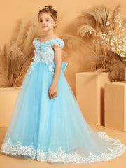 Robe avec Haut en Dentelle à Hors de l'Épaule et Traîne Balayage avec Fleur 3D Bleu Ciel