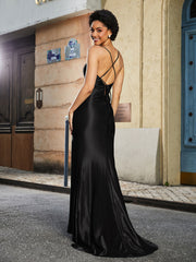 Robe de Soirée Sirène en Polyester à Bretelles Spaghetti Noir