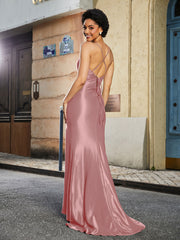 Robe de Soirée Sirène en Polyester à Bretelles Spaghetti Rose Poudré
