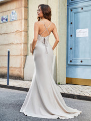 Robe de Soirée Sirène en Polyester à Bretelles Spaghetti Argent Grande Taille