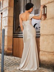 Robe de Soirée Sirène en Satin Extensible à Hors de l'Épaule Champagne Grande Taille
