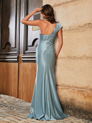 Robe de Soirée Sirène en Satin Extensible à Hors de l'Épaule Gris Acier
