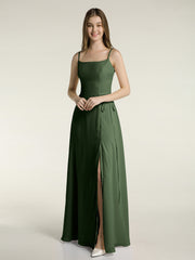 Simple Spaghetti Bretelle Mousseline Robes Avec Fente Olive Verte