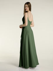 Simple Spaghetti Bretelle Mousseline Robes Avec Fente Olive Verte