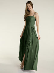 Simple Spaghetti Bretelle Mousseline Robes Avec Fente Olive Verte