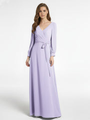 Robe en Mousseline à Col en V Et Manches Évasées avec Nœud Lilas