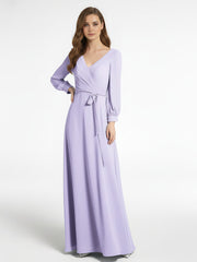 Robe en Mousseline à Col en V Et Manches Évasées avec Nœud Lilas