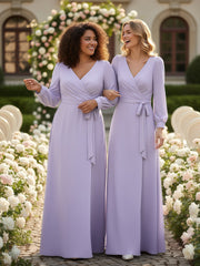 Robe en Mousseline à Col en V Et Manches Évasées avec Nœud Lilas
