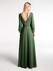 Robe en Mousseline à Col en V Et Manches Évasées avec Nœud Olive Verte