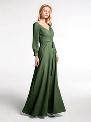 Robe en Mousseline à Col en V Et Manches Évasées avec Nœud Olive Verte
