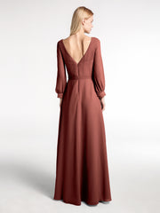 Robe en Mousseline à Col en V Et Manches Évasées avec Nœud terracotta