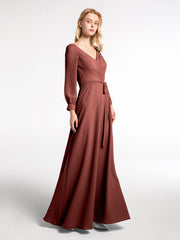 Robe en Mousseline à Col en V Et Manches Évasées avec Nœud terracotta