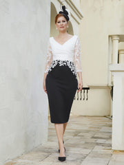 Robe Fourreau à Col en V Appliquée avec Manches Longues Noir Grande Taille