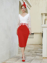Robe Fourreau à Col en V Appliquée avec Manches Longues Rouge Grande Taille