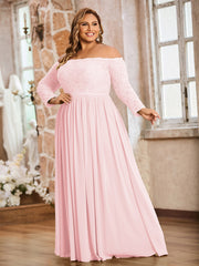 Dentelle Et Mousseline Manches Longues Robes Avec Poches Rose Pâle Grande Taille