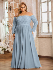 Dentelle Et Mousseline Manches Longues Robes Avec Poches Bleu Poudré Grande Taille