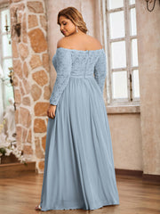 Dentelle Et Mousseline Manches Longues Robes Avec Poches Bleu Poudré Grande Taille