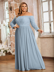 Dentelle Et Mousseline Manches Longues Robes Avec Poches Bleu Poudré Grande Taille